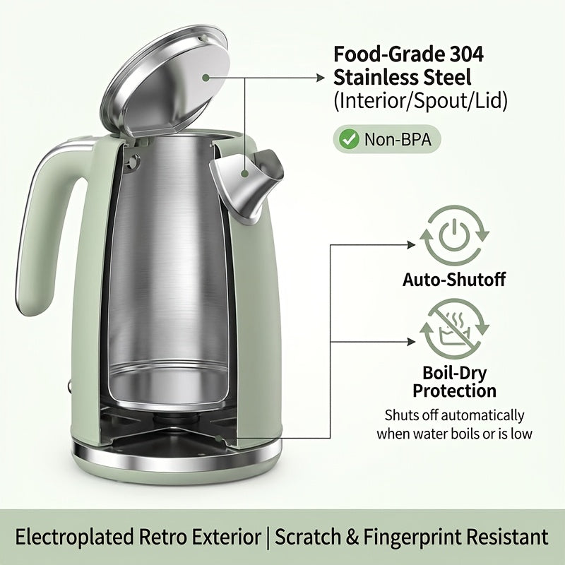 1.7-Liter Vintage Stainless Steel Electric Kettle, 1500 Watts for Quick Heating, 360° Rotating Base, Ergonomic Handle That Prevents Burns, Automatic Shut-Off, And Dry Boil Protection, Kitchen Accessory