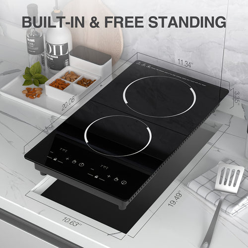 20 Inch Double Induction Cooktop 2 Burner, 2300W Electric Stove Top 120V Portable Countertop Or Built-in, 9 Power Levels, Child Safety Lock, Timer, Fast Boil, Ultra Thin for Kitchen Apartment RV