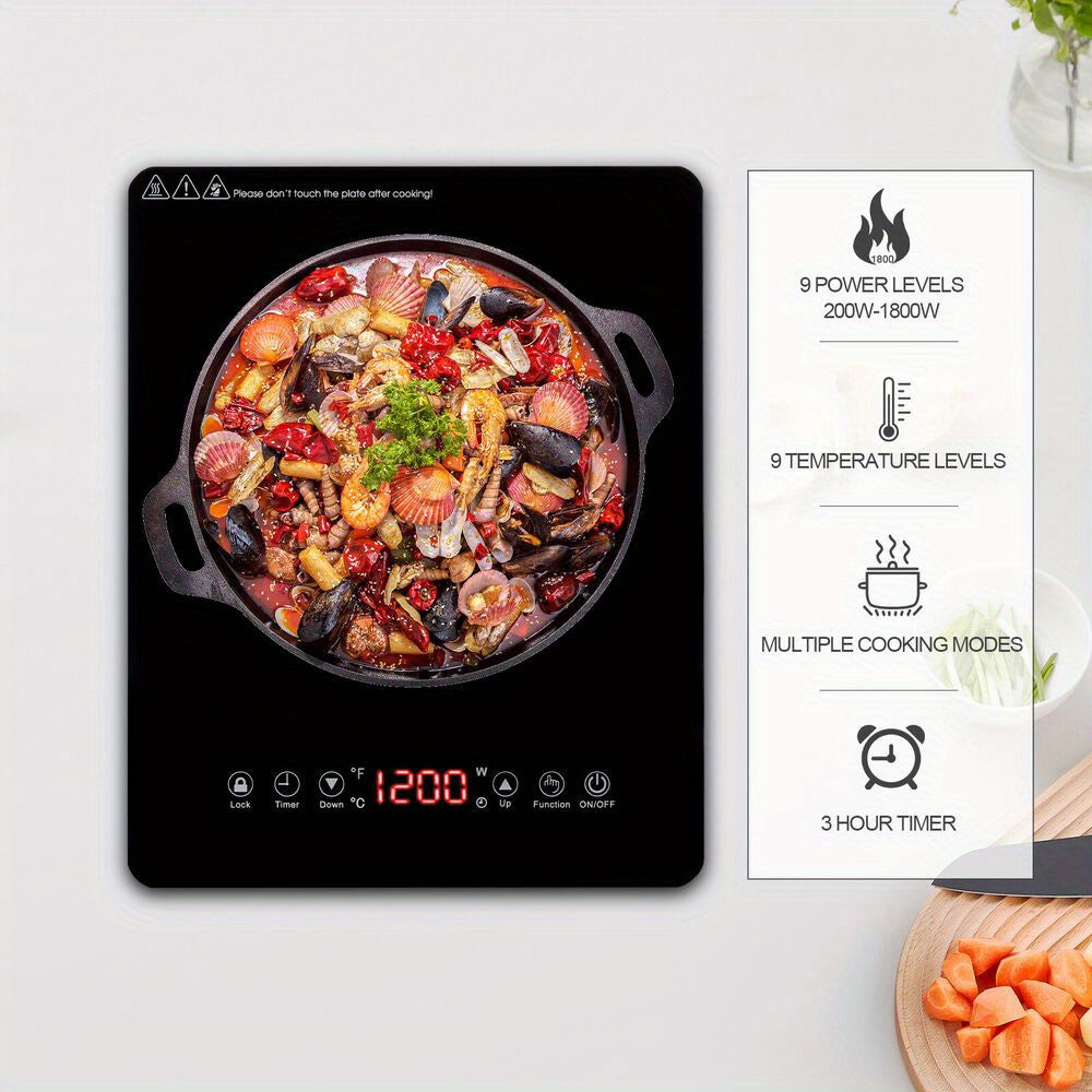 Induction Cooktop 1800W Ultra Thin Portable Induction Cooktop - Single Electric Cooktops Countertop Stove with 9 Temperature & Power Levels, 3-hour Timer, Safety Lock