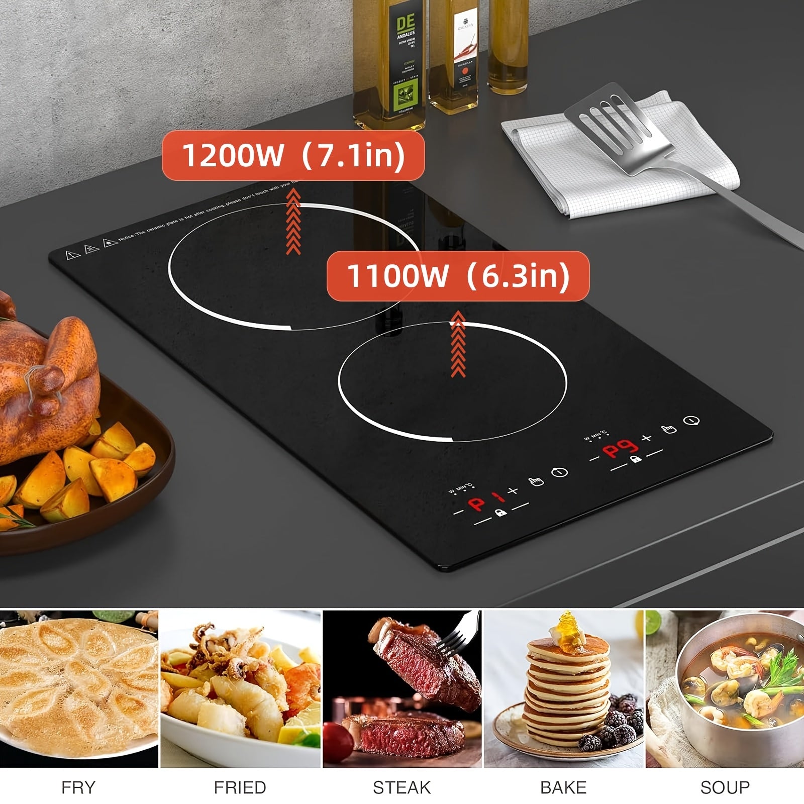 20 Inch Double Induction Cooktop 2 Burner, 2300W Electric Stove Top 120V Portable Countertop Or Built-in, 9 Power Levels, Child Safety Lock, Timer, Fast Boil, Ultra Thin for Kitchen Apartment RV