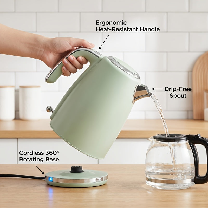 1.7-Liter Vintage Stainless Steel Electric Kettle, 1500 Watts for Quick Heating, 360° Rotating Base, Ergonomic Handle That Prevents Burns, Automatic Shut-Off, And Dry Boil Protection, Kitchen Accessory