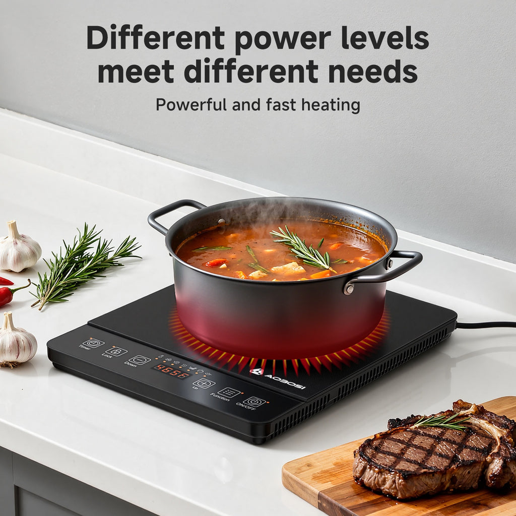 AOBOSI Portable Induction Cooktop, 1800W Fast And Efficient Cooking, Blue LCD Screen, 17 Power Levels\u002F20 Temperature Levels, Pause\u002Ftimer, One-touch Cooking, Three-stage Program, Suitable For Home Kitchens, Apartments, And As A Gift