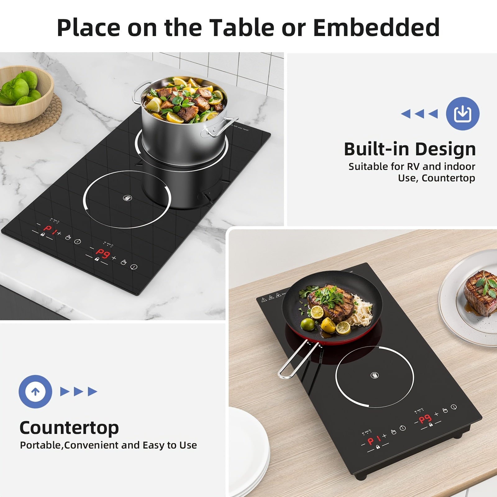 20 Inch Double Induction Cooktop 2 Burner, 2300W Electric Stove Top 120V Portable Countertop Or Built-in, 9 Power Levels, Child Safety Lock, Timer, Fast Boil, Ultra Thin for Kitchen Apartment RV