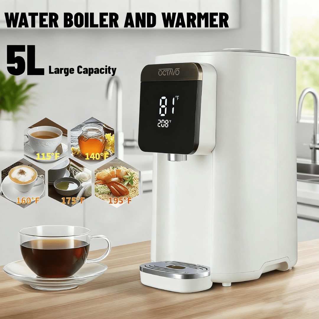OCTAVO Water Boiler & Warmer 5 Liter, 304 Stainless Steel Water Tank, 700 Watt 6 Adjustable Water Temperature, LCD Touch Control Screen, Child Lock with Water Shortage Indicator