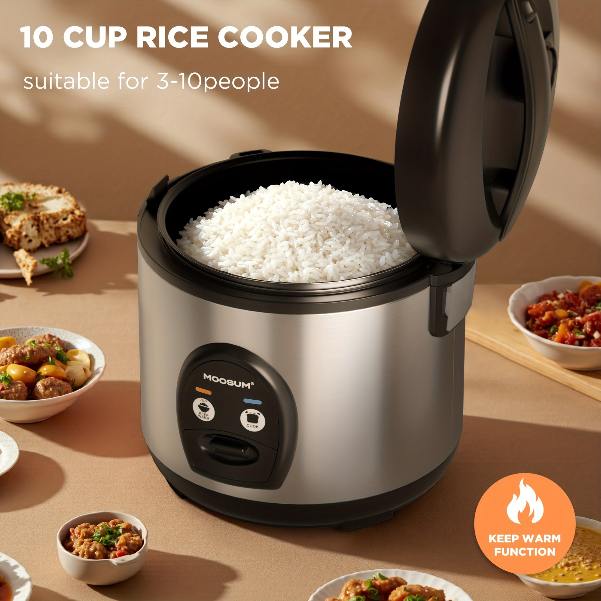 MOOSUM 10-Cup (Uncooked)\u002F20-Cup (Cooked) Electric Rice Cooker with Steamer & Auto Warmer, Stainless Steel Japanese Sushi Rice Maker, One-Touch Operation, 800W Fast Cooker for Asian Cuisine, Soup, Porridge, Multi-Cooker ( Plug)