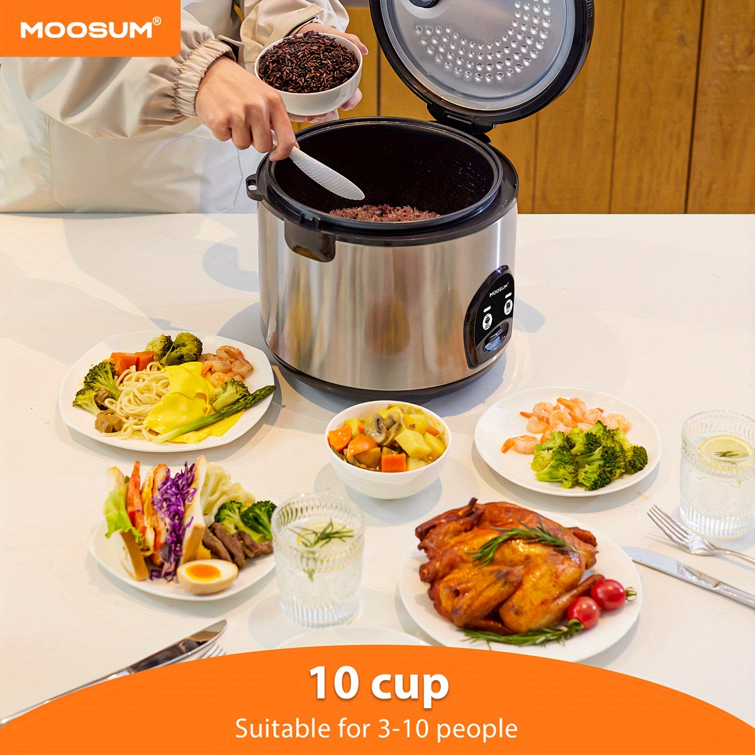 MOOSUM Electric Rice Cooker With One Touch For Asian Japanese Sushi Rice, 10-cup Uncooked\u002F20-cup Cooked, Fast And Convenient Cooker With Steamer, Stainless Steel Housing And Auto Warmer