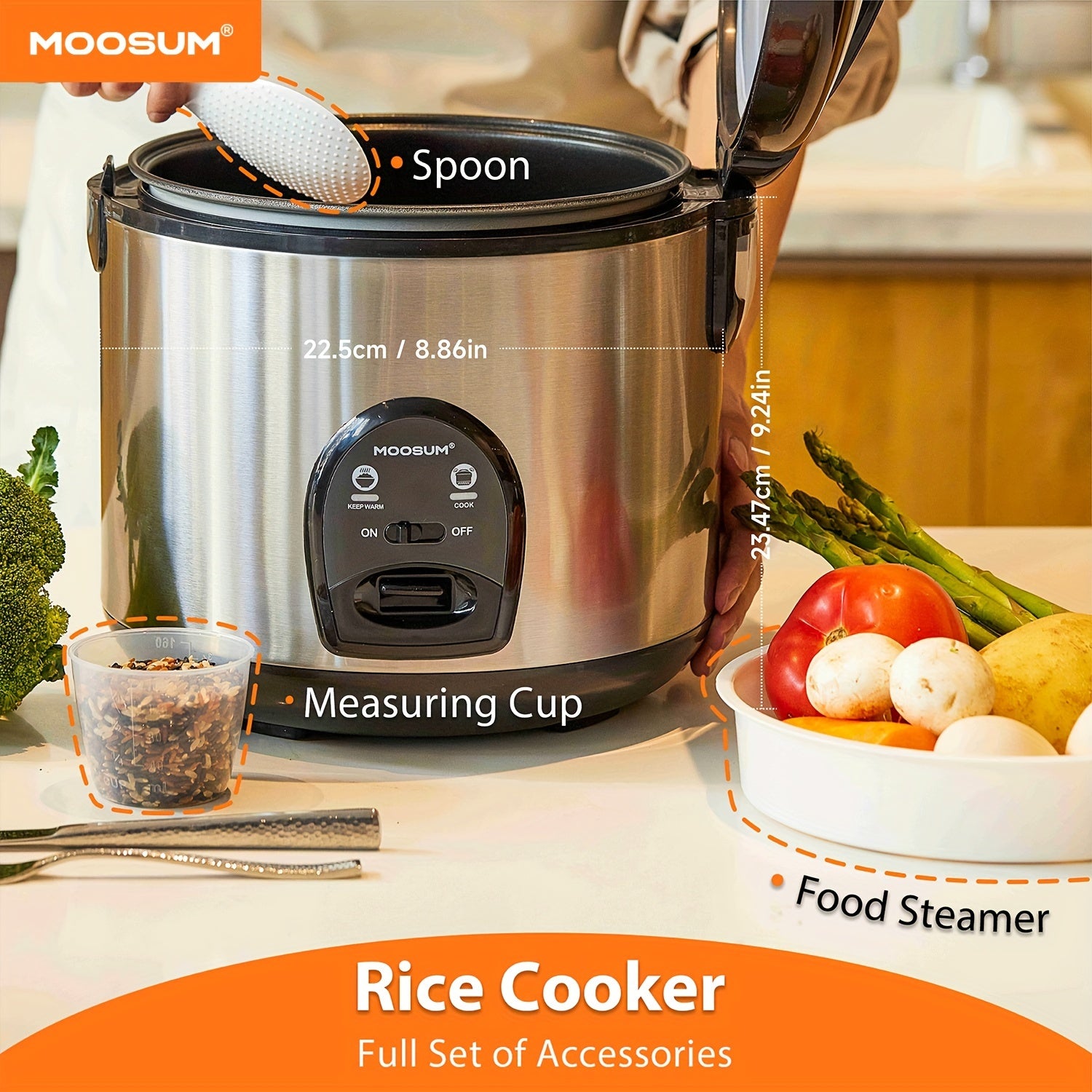 MOOSUM Electric Rice Cooker With One Touch For Asian Japanese Sushi Rice, 10-cup Uncooked\u002F20-cup Cooked, Fast And Convenient Cooker With Steamer, Stainless Steel Housing And Auto Warmer