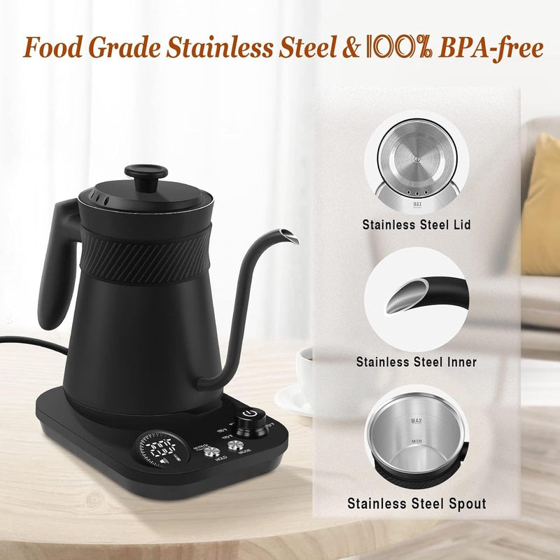 Secura Electric Gooseneck Kettle, 5 Variable Presets for Coffee Tea Brewing, 100% Stainless Steel Inner Tea Coffee Kettle with 1.5H Keep Warm, 1200 Watt Quick Heating Pot, 0.8L, Matt Black