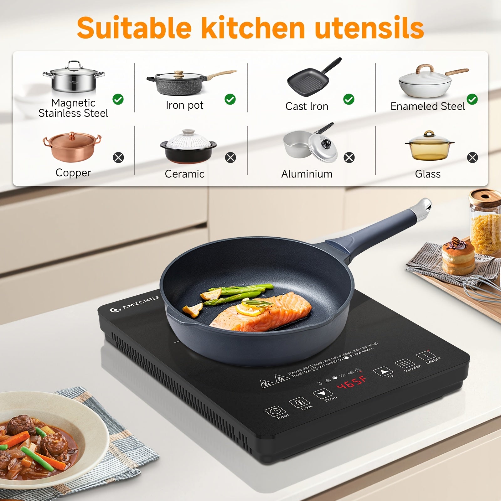 AMZCHEF 1800W Induction Cooktop, Household Single Head Portable Induction Cooker, Intelligent Touch Control, Multi Level Firepower Adjustment, with Timer And Overheating Protection